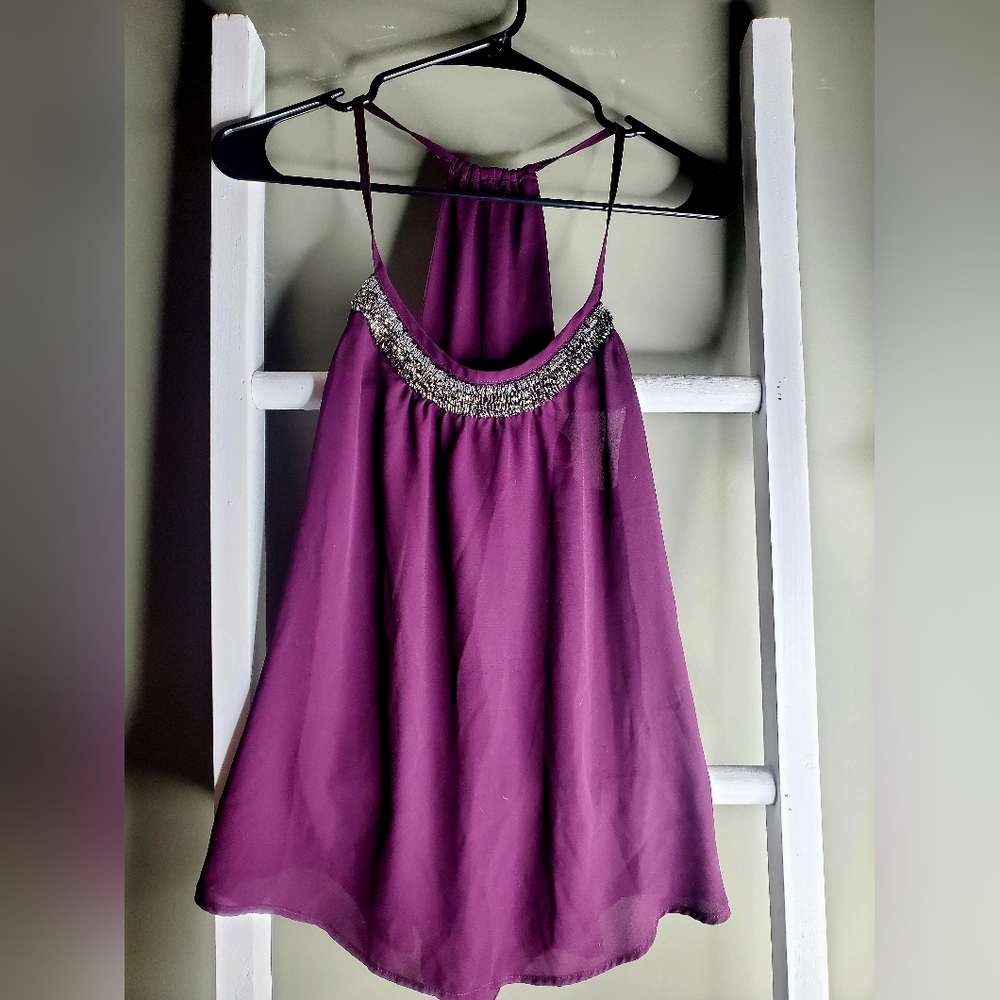 Purple Halter Tank Top Shirt with Silver Accents